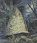 Payer, Wieland: Goldhelm;  2023, Pastell, Aquarell und auf grundiertem MDF,  35 x 30 cm,     Foto: Herbert Boswank